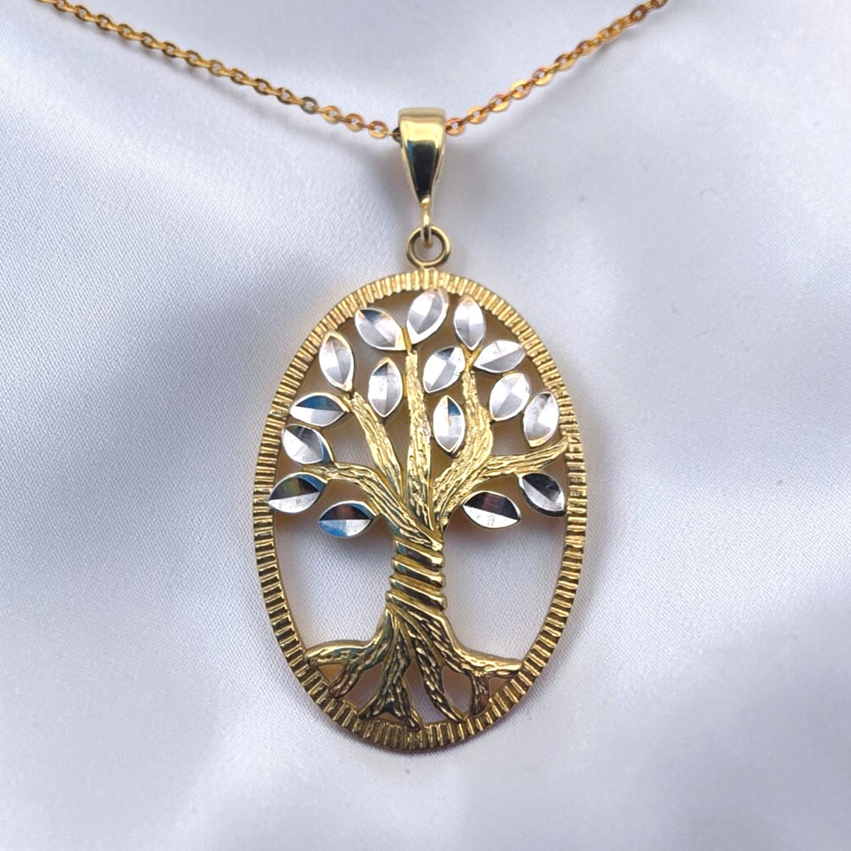 14K Solid Gold Tree of Life Pendant Necklace Cut White and Yellow Gold