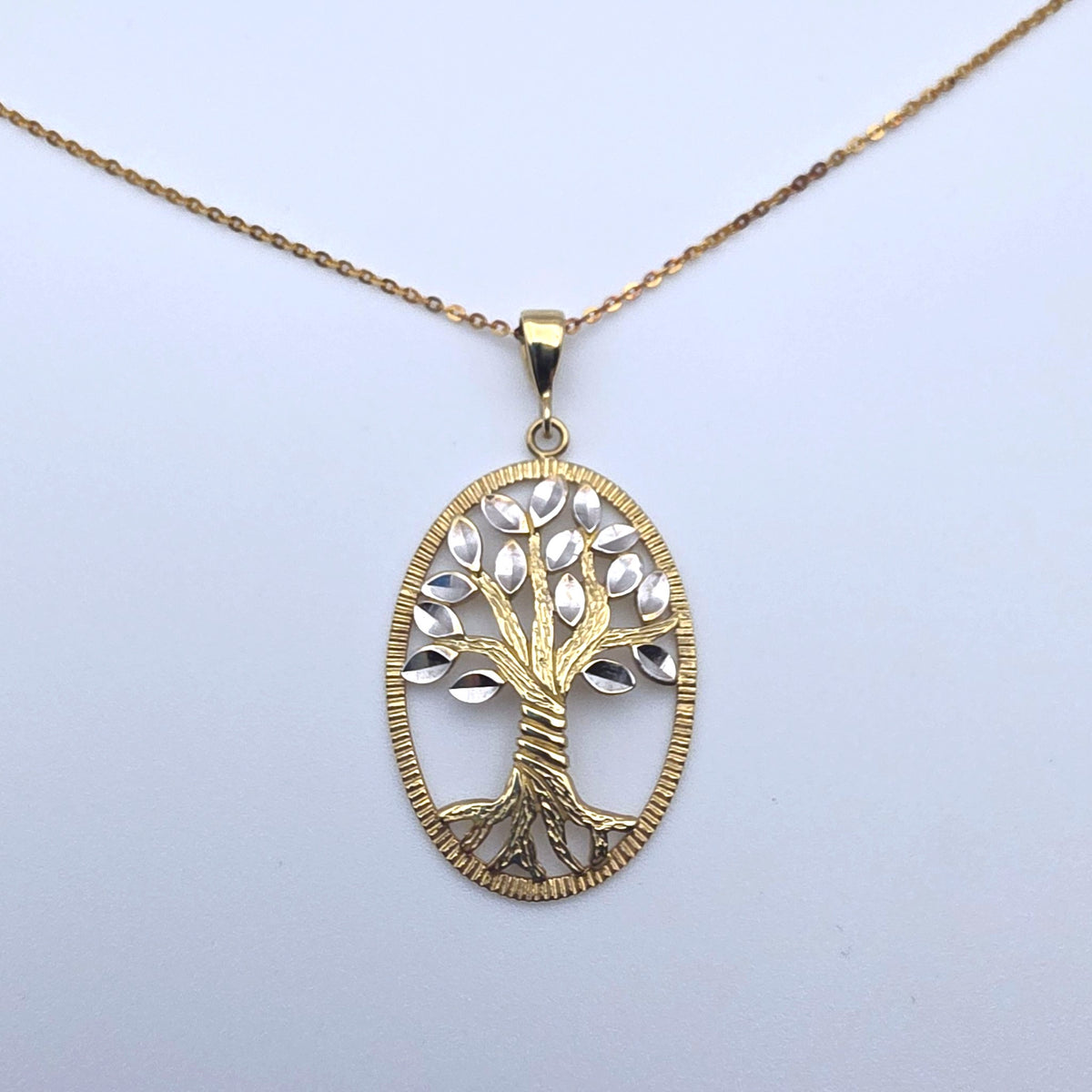 14K Solid Gold Tree of Life Pendant Necklace Cut White and Yellow Gold