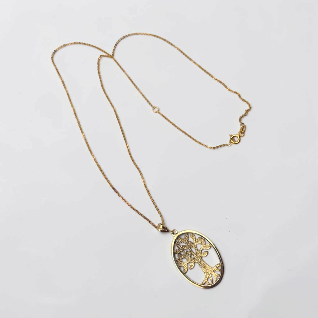 14K Solid Gold Tree of Life Pendant Necklace Cut White and Yellow Gold