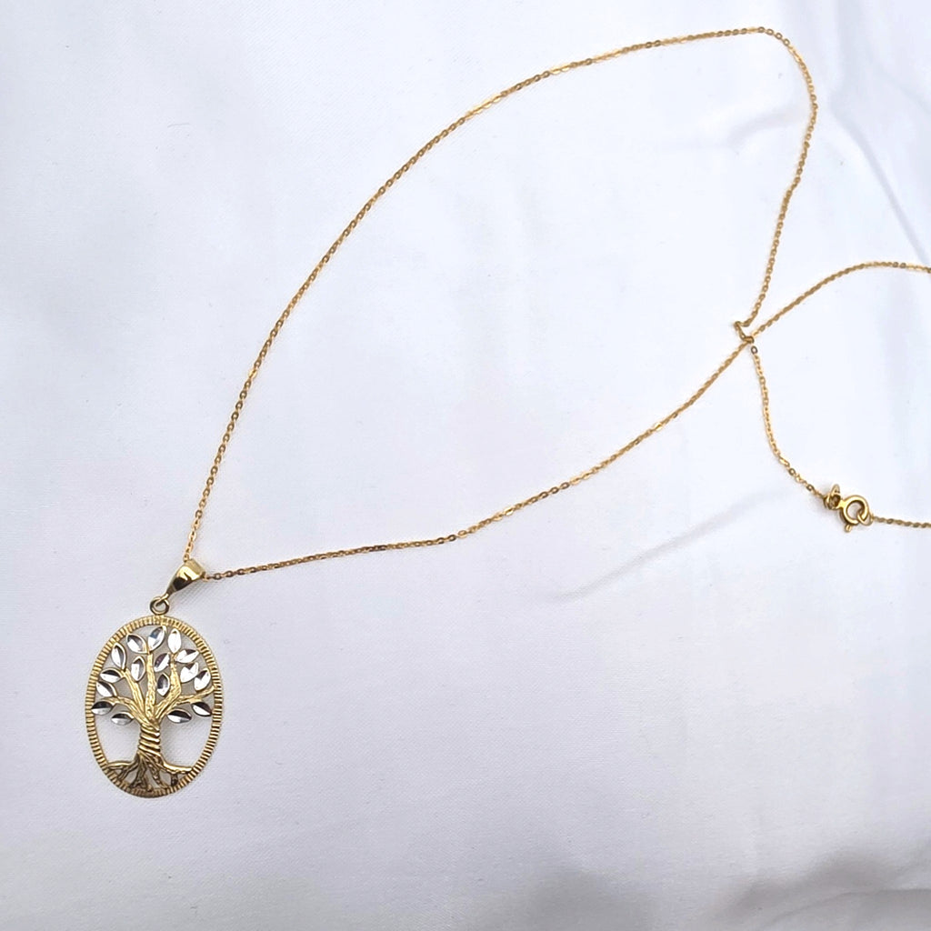 14K Solid Gold Tree of Life Pendant Necklace Cut White and Yellow Gold