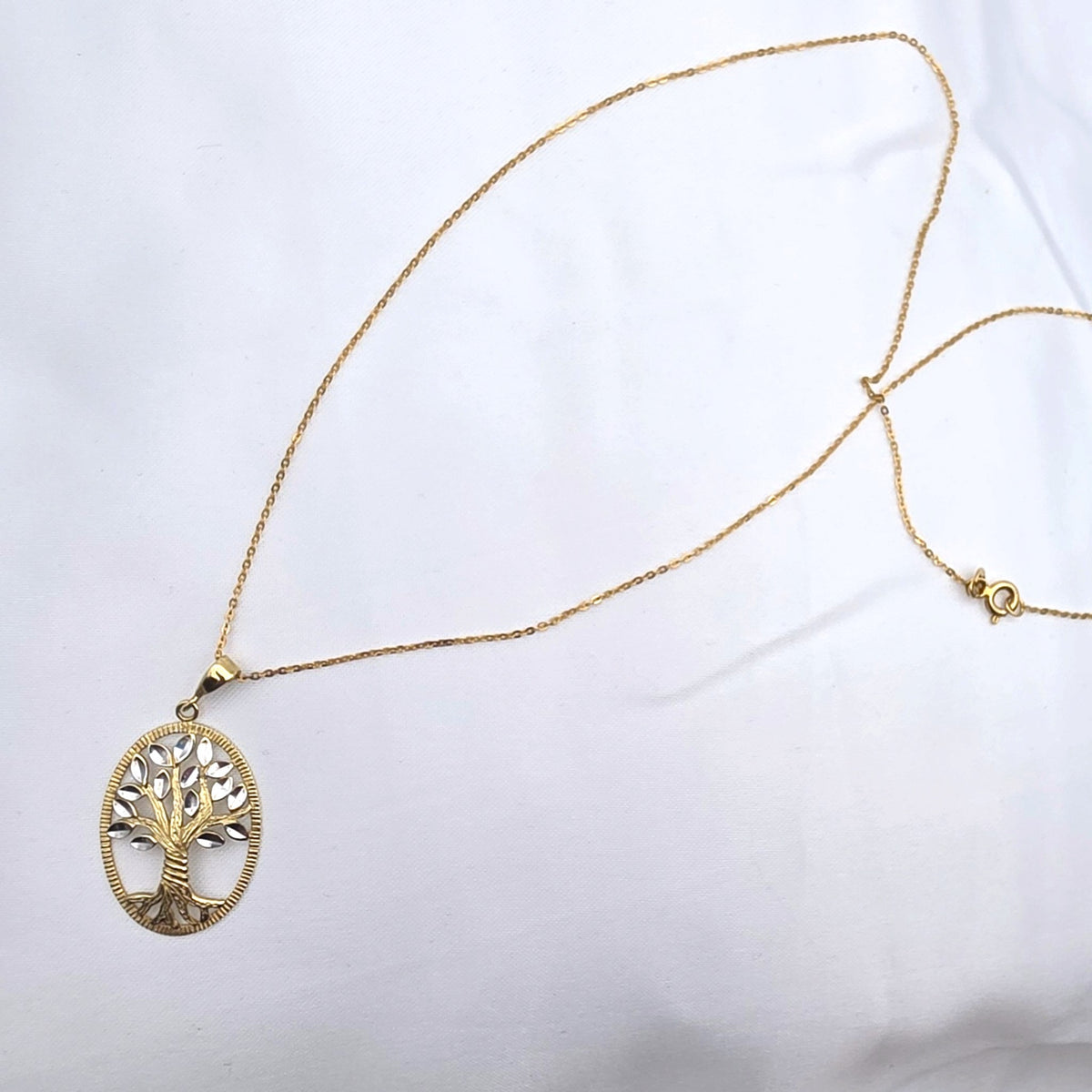 14K Solid Gold Tree of Life Pendant Necklace Cut White and Yellow Gold