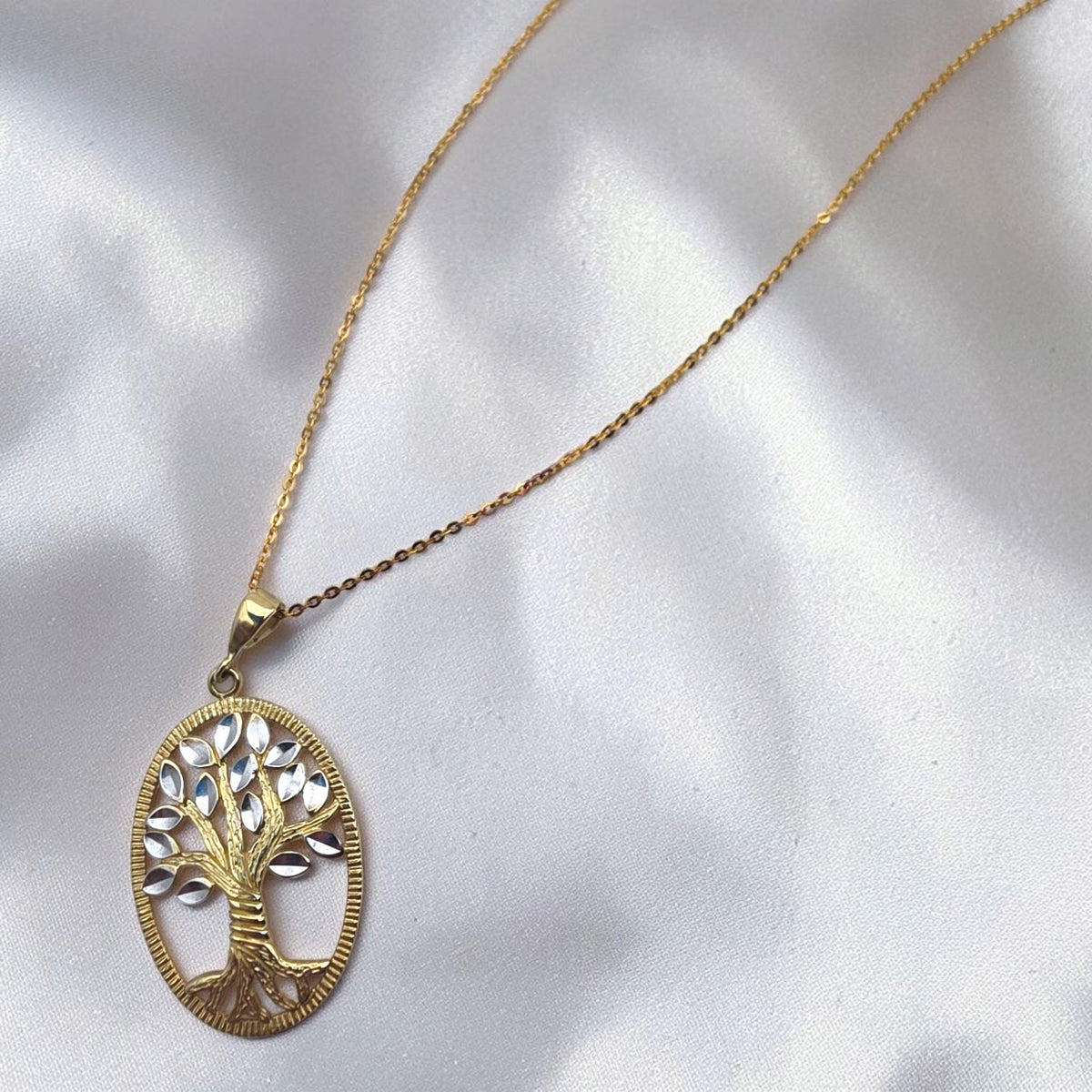 14K Solid Gold Tree of Life Pendant Necklace Cut White and Yellow Gold