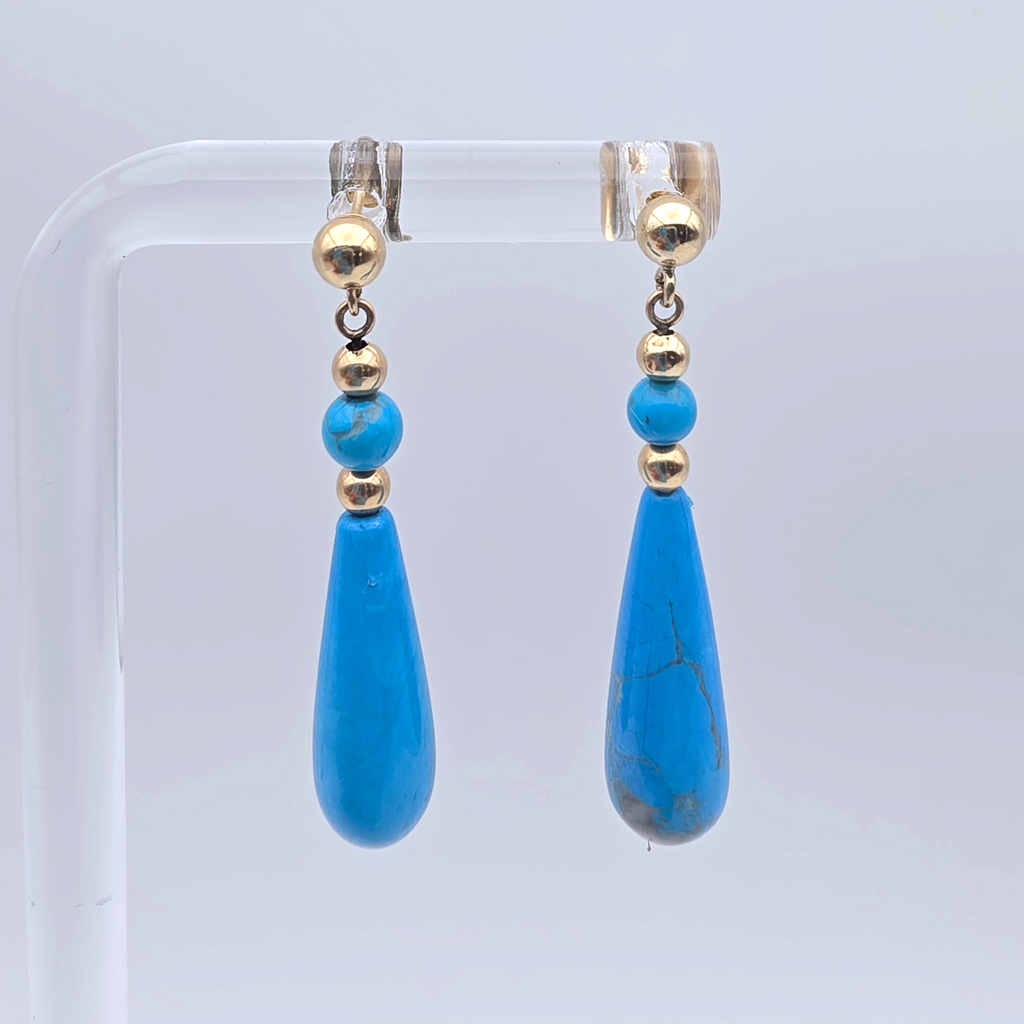 14K Yellow Gold Turquoise Teardrop Dangle Earrings Vintage Fine Jewelry