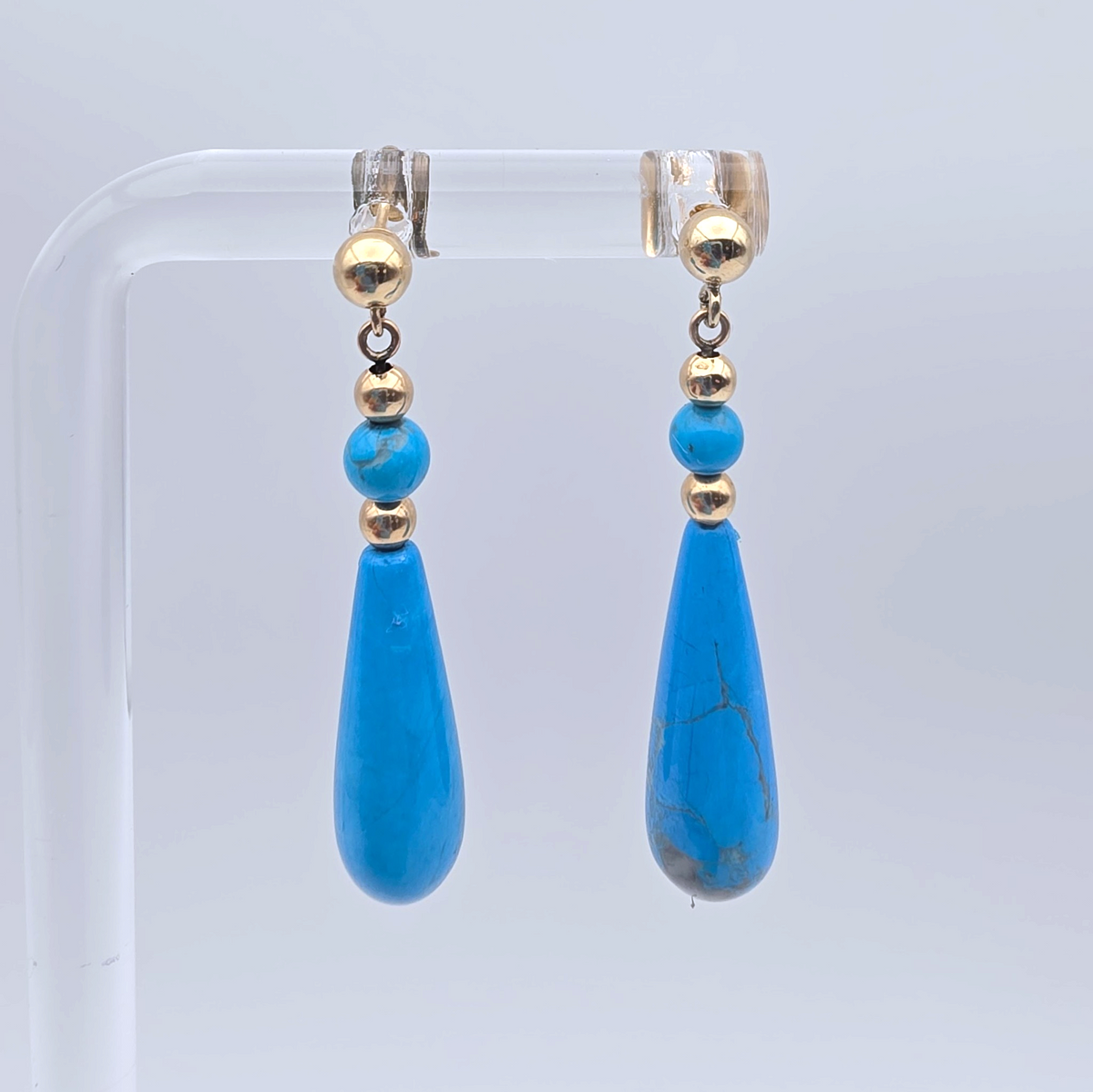 14K Yellow Gold Turquoise Teardrop Dangle Earrings Vintage Fine Jewelry