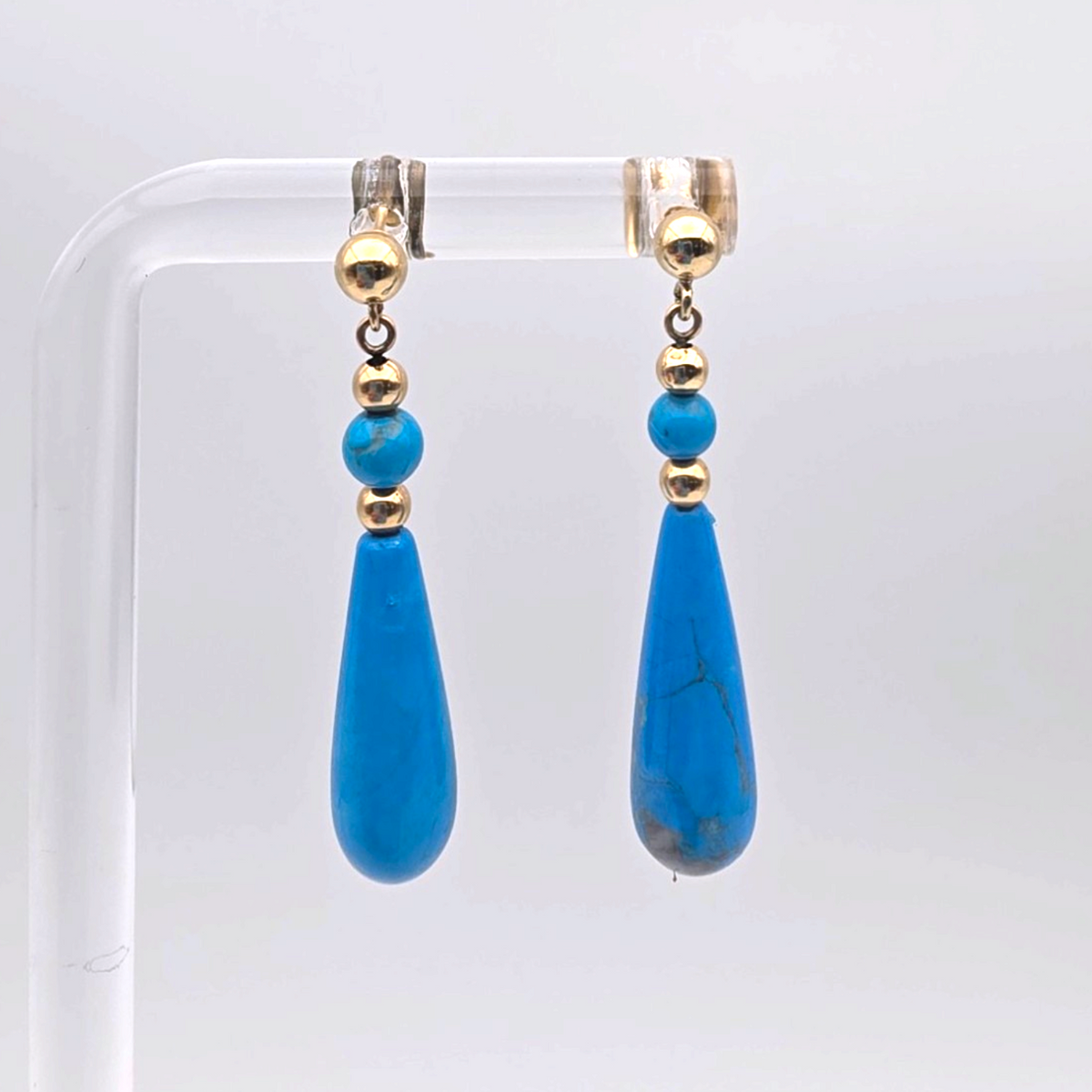 14K Yellow Gold Turquoise Teardrop Dangle Earrings Vintage Fine Jewelry