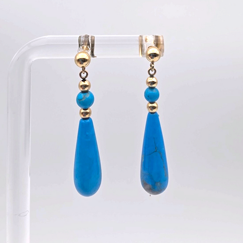 14K Yellow Gold Turquoise Teardrop Dangle Earrings Vintage Fine Jewelry