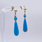 14K Yellow Gold Turquoise Teardrop Dangle Earrings Vintage Fine Jewelry