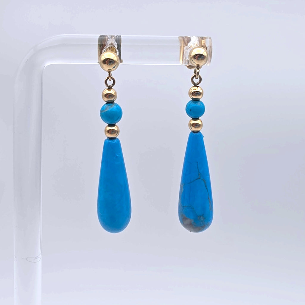 14K Yellow Gold Turquoise Teardrop Dangle Earrings Vintage Fine Jewelry