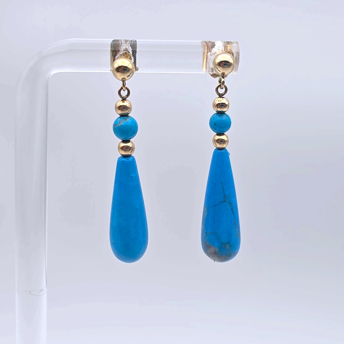 14K Yellow Gold Turquoise Teardrop Dangle Earrings Vintage Fine Jewelry