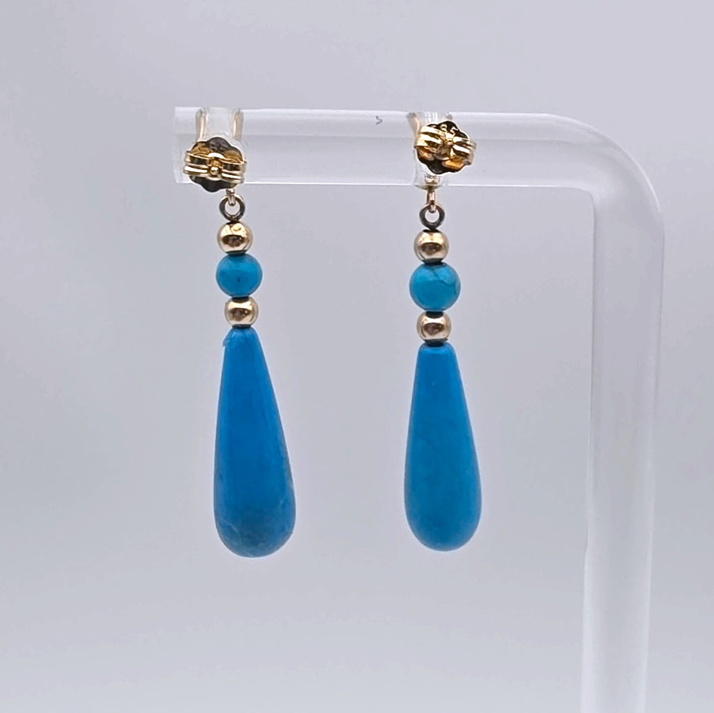 14K Yellow Gold Turquoise Teardrop Dangle Earrings Vintage Fine Jewelry