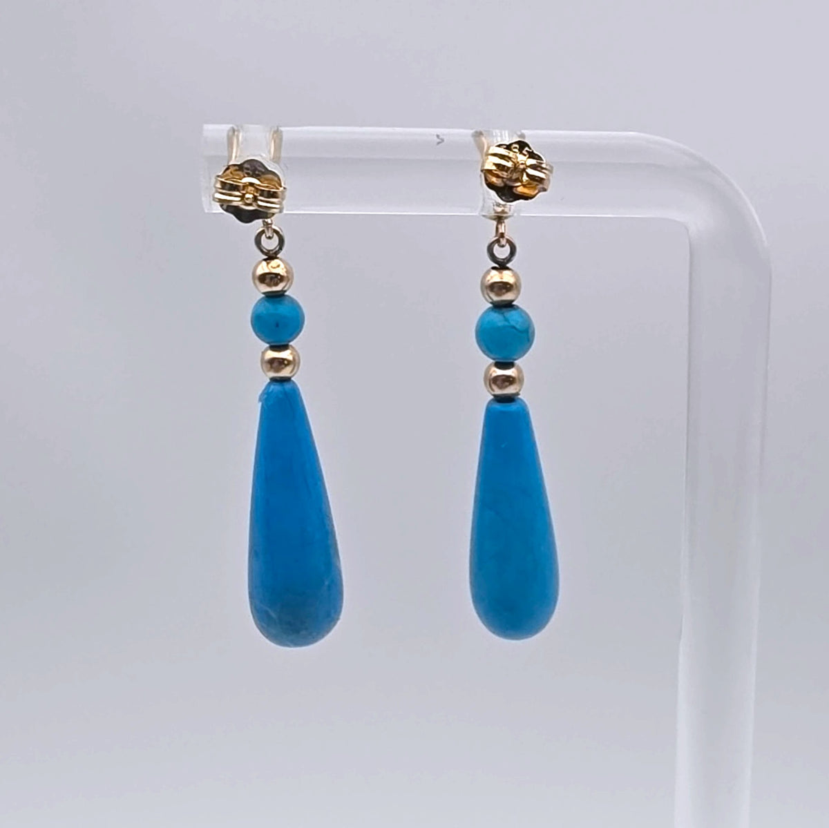 14K Yellow Gold Turquoise Teardrop Dangle Earrings Vintage Fine Jewelry