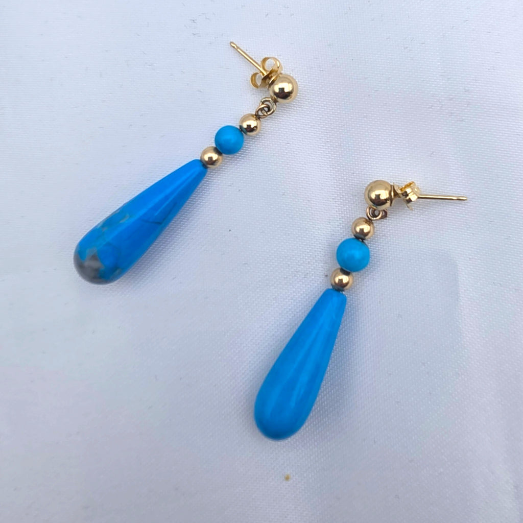 14K Yellow Gold Turquoise Teardrop Dangle Earrings Vintage Fine Jewelry