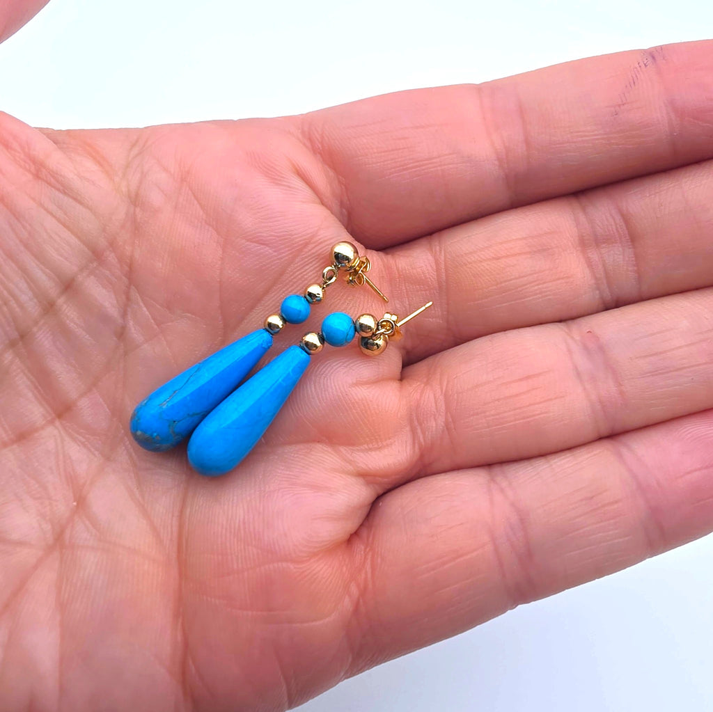 14K Yellow Gold Turquoise Teardrop Dangle Earrings Vintage Fine Jewelry