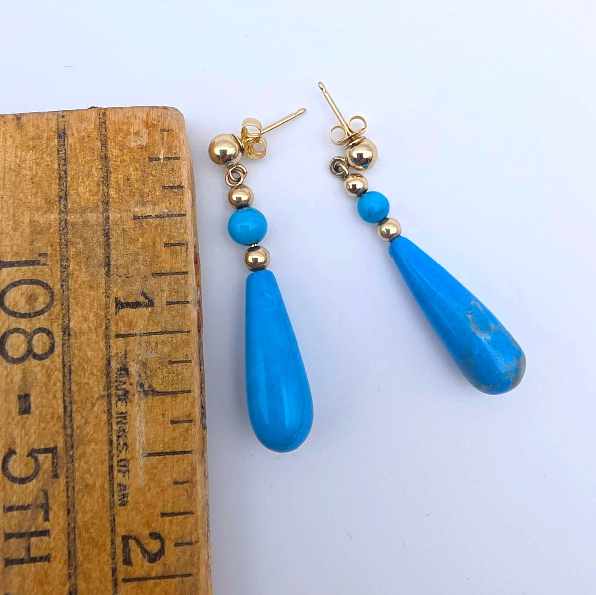 14K Yellow Gold Turquoise Teardrop Dangle Earrings Vintage Fine Jewelry