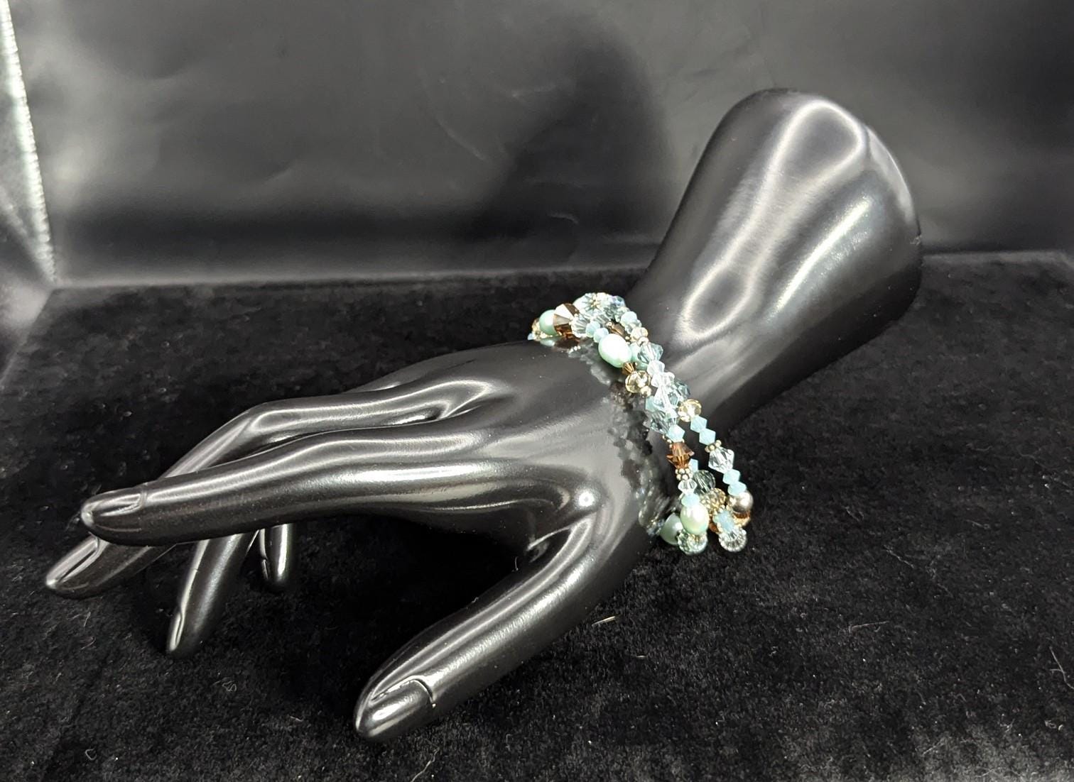 Boho Freshwater Pearl, Austrian Crystal, & Sterling Silver beaded bracelet