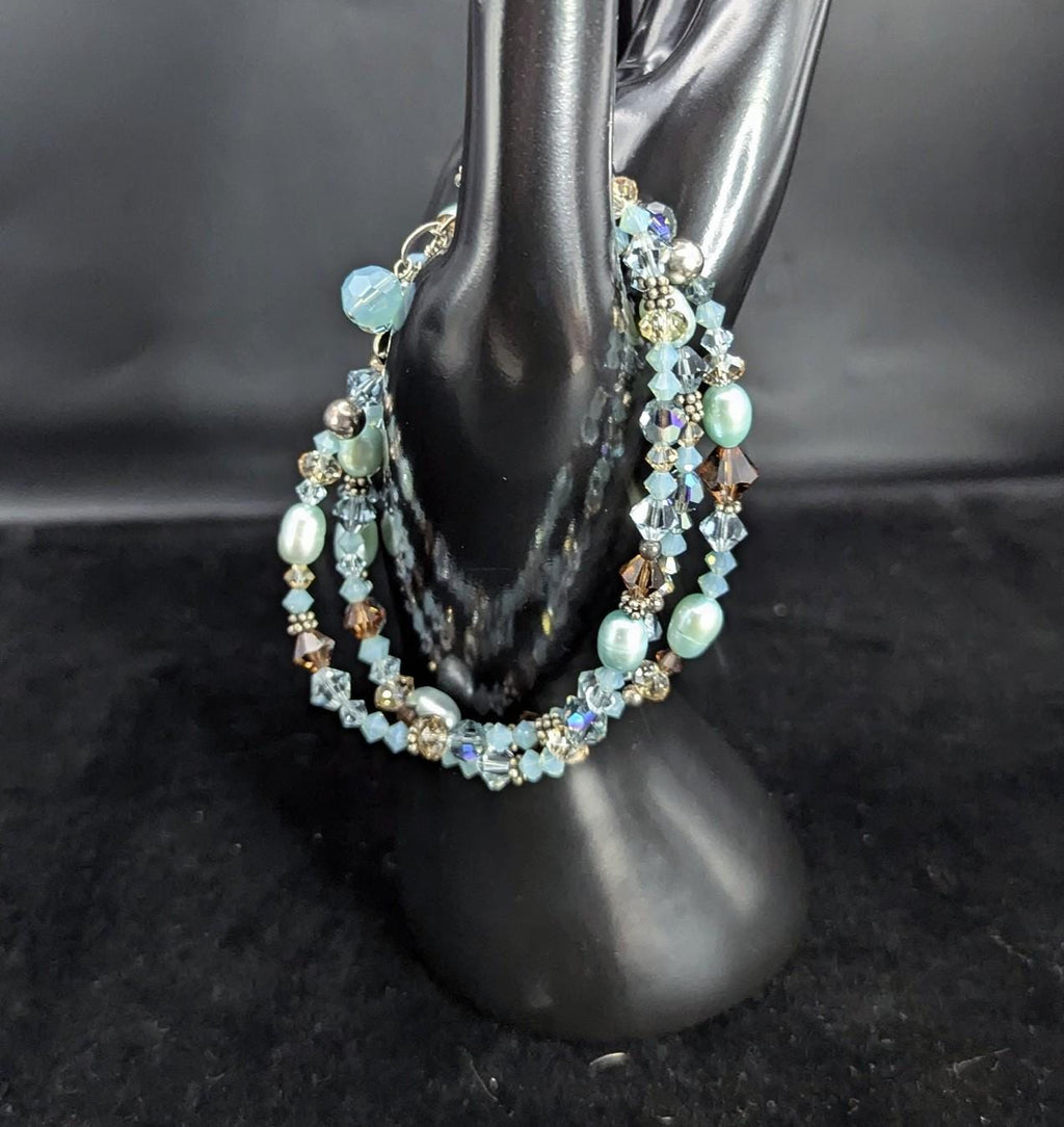 Boho Freshwater Pearl, Austrian Crystal, & Sterling Silver beaded bracelet