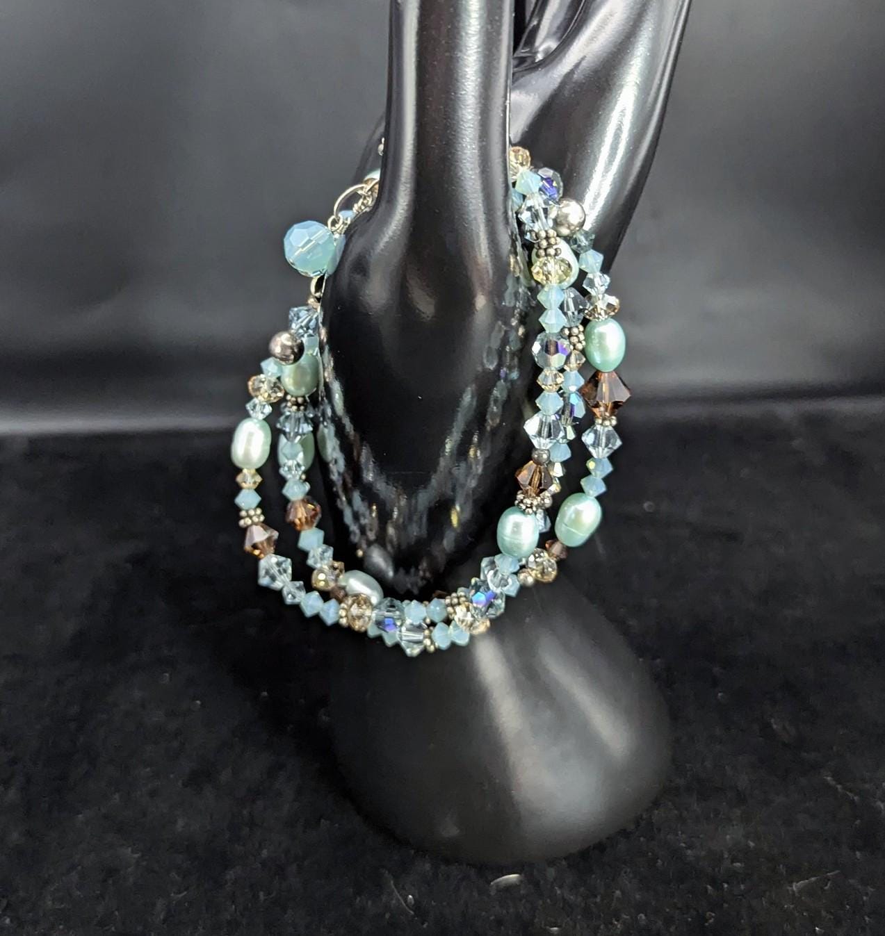 Boho Freshwater Pearl, Austrian Crystal, & Sterling Silver beaded bracelet