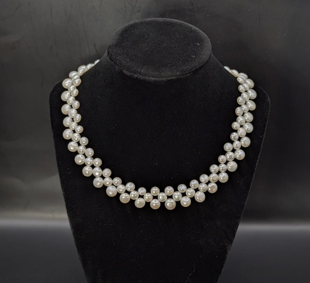 Vintage Triple Strand Button Pearl Collar Necklace 14K GF Clasp