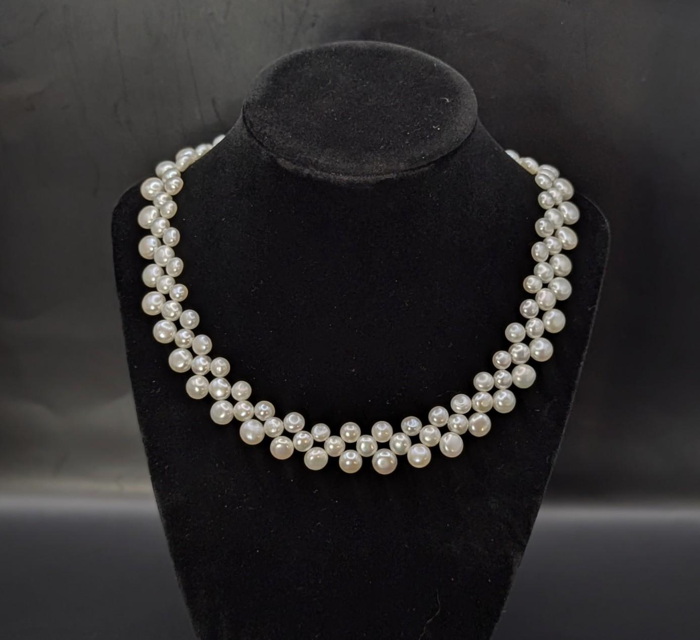 Vintage Triple Strand Button Pearl Collar Necklace 14K GF Clasp