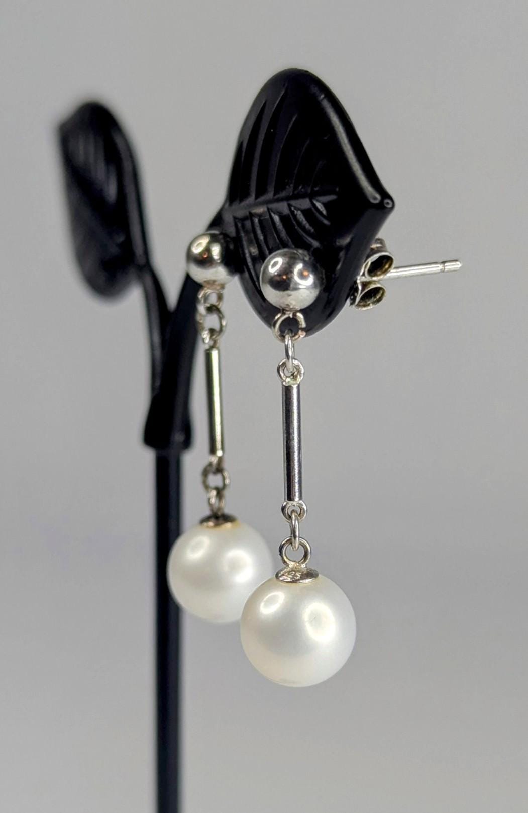 Vintage Sterling Silver and Saltwater Pearl Drop Post Back Earrings