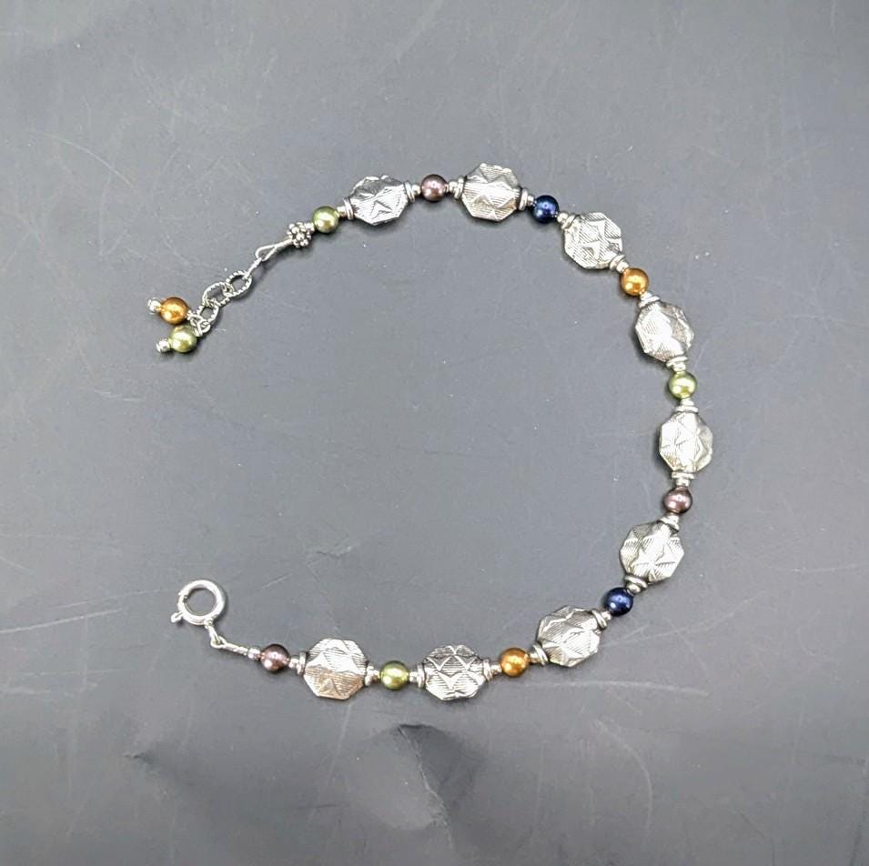 Vintage Sterling Silver Diamond-Cut Bead Bracelet with Multicolor Accents, 7.5"