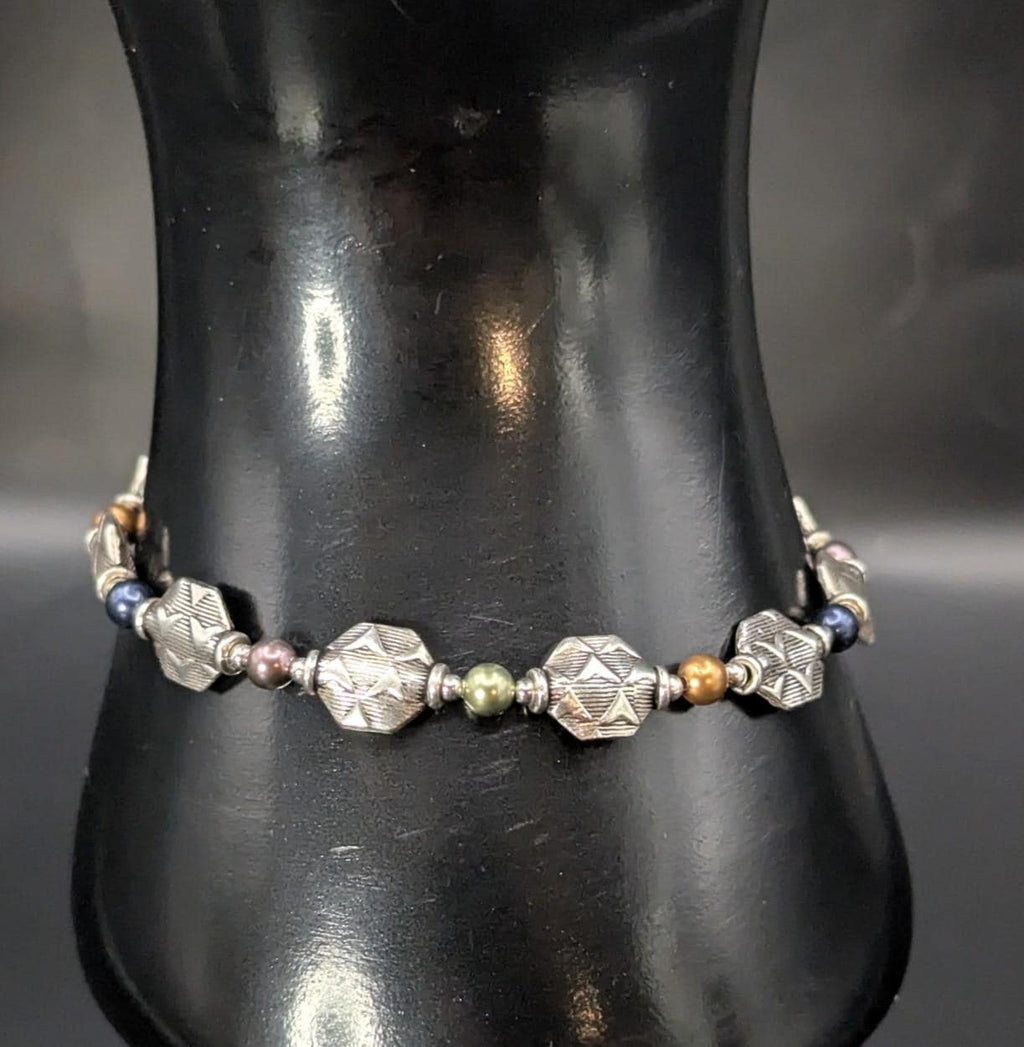 Vintage Sterling Silver Diamond-Cut Bead Bracelet with Multicolor Accents, 7.5"