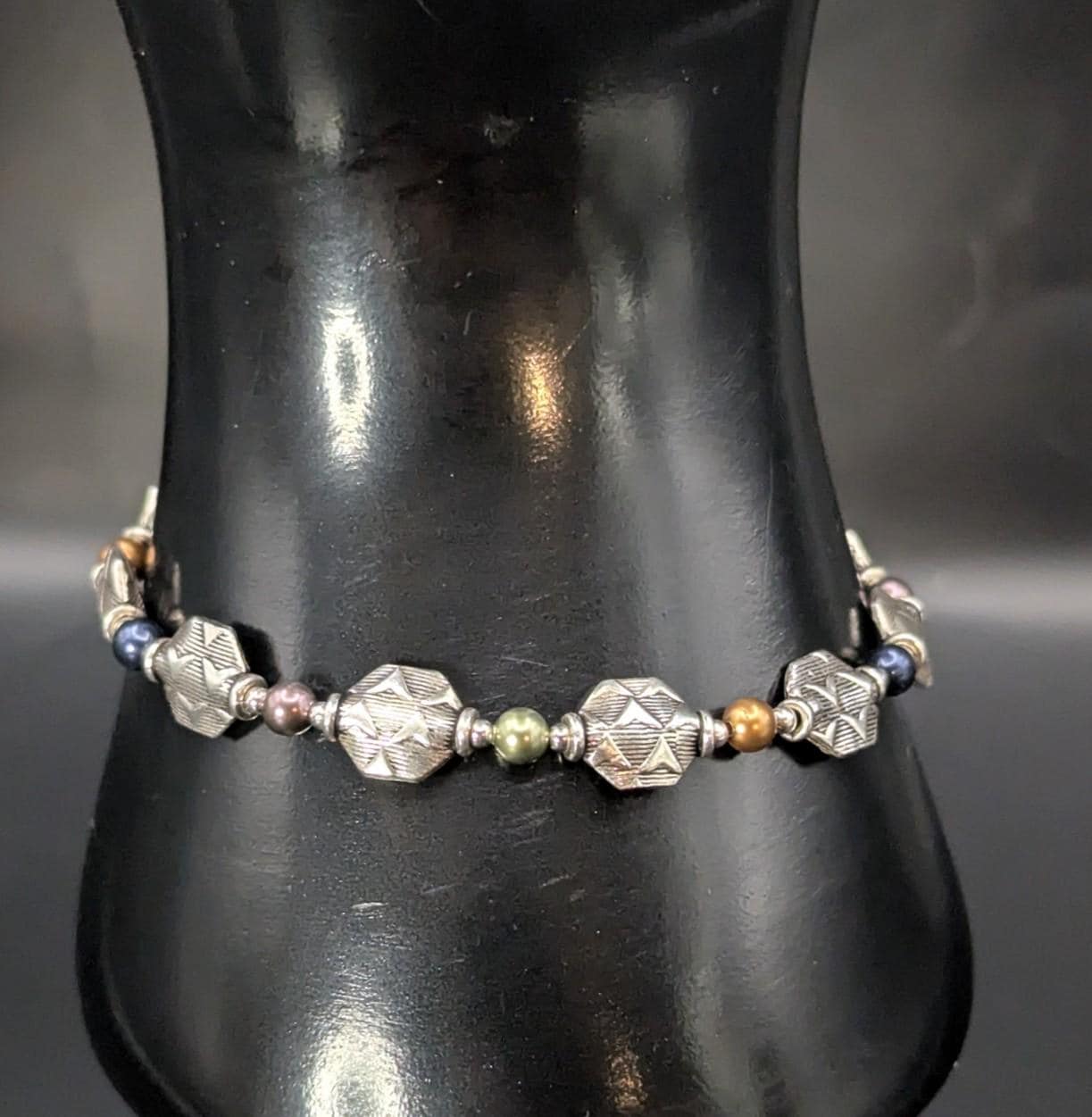 Vintage Sterling Silver Diamond-Cut Bead Bracelet with Multicolor Accents, 7.5"