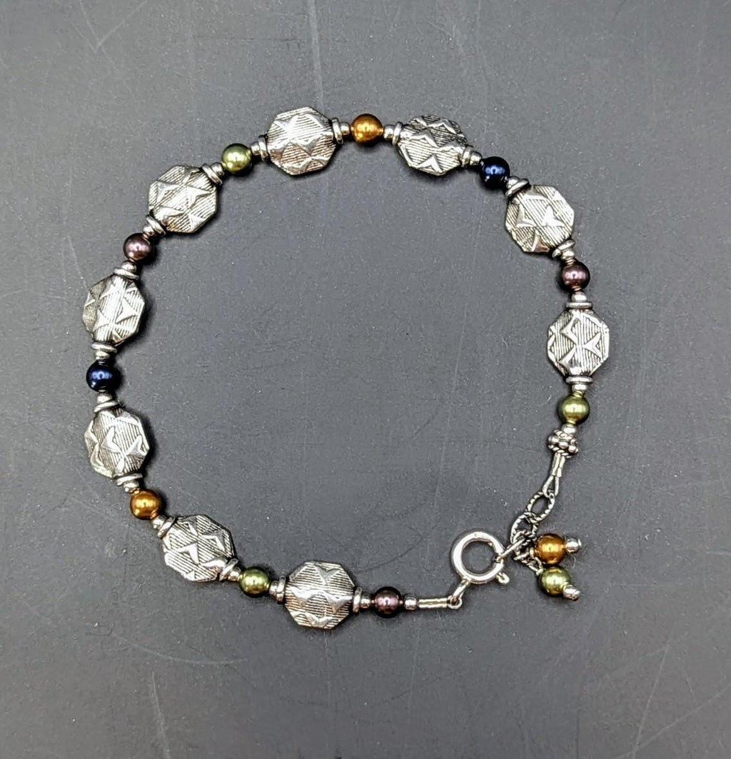 Vintage Sterling Silver Diamond-Cut Bead Bracelet with Multicolor Accents, 7.5"