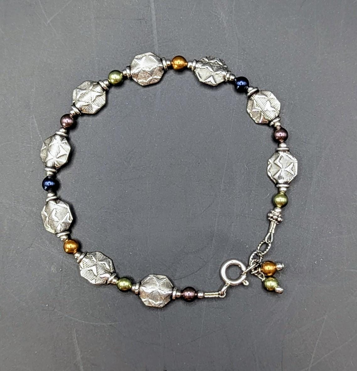 Vintage Sterling Silver Diamond-Cut Bead Bracelet with Multicolor Accents, 7.5"