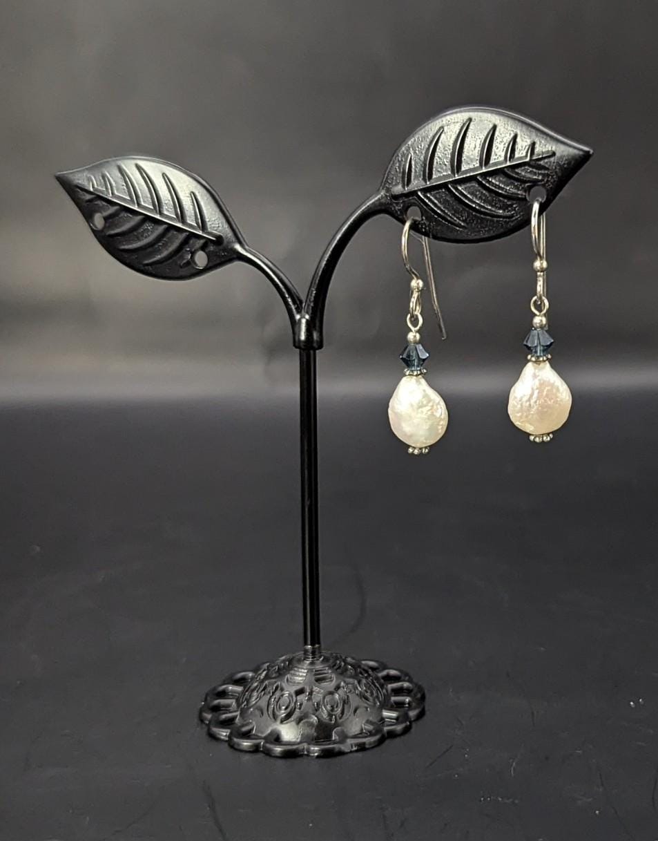 Sterling Silver and Coin Pearl Earrings with Blue Crystal Accents