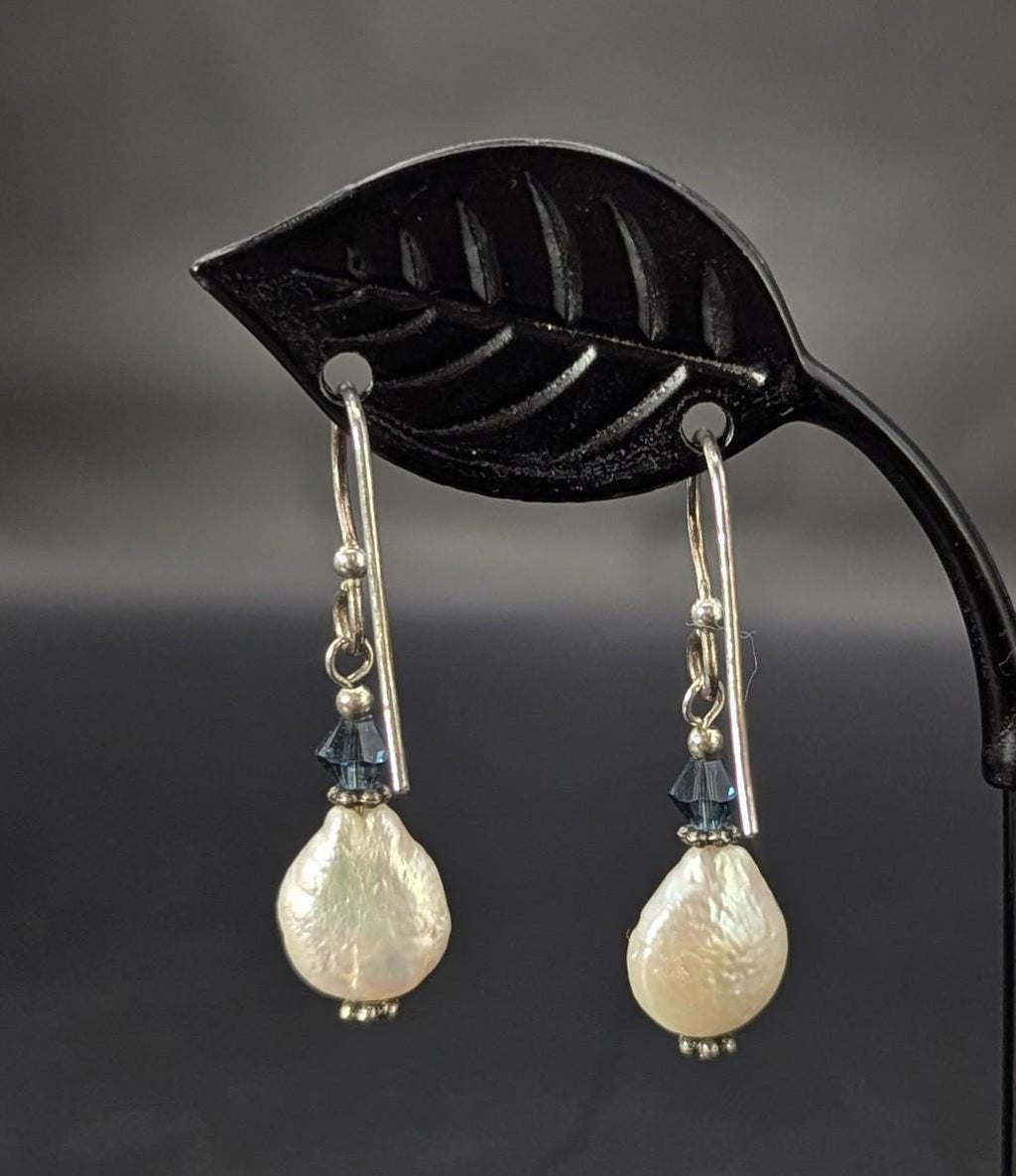 Sterling Silver and Coin Pearl Earrings with Blue Crystal Accents