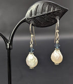 Sterling Silver and Coin Pearl Earrings with Blue Crystal Accents