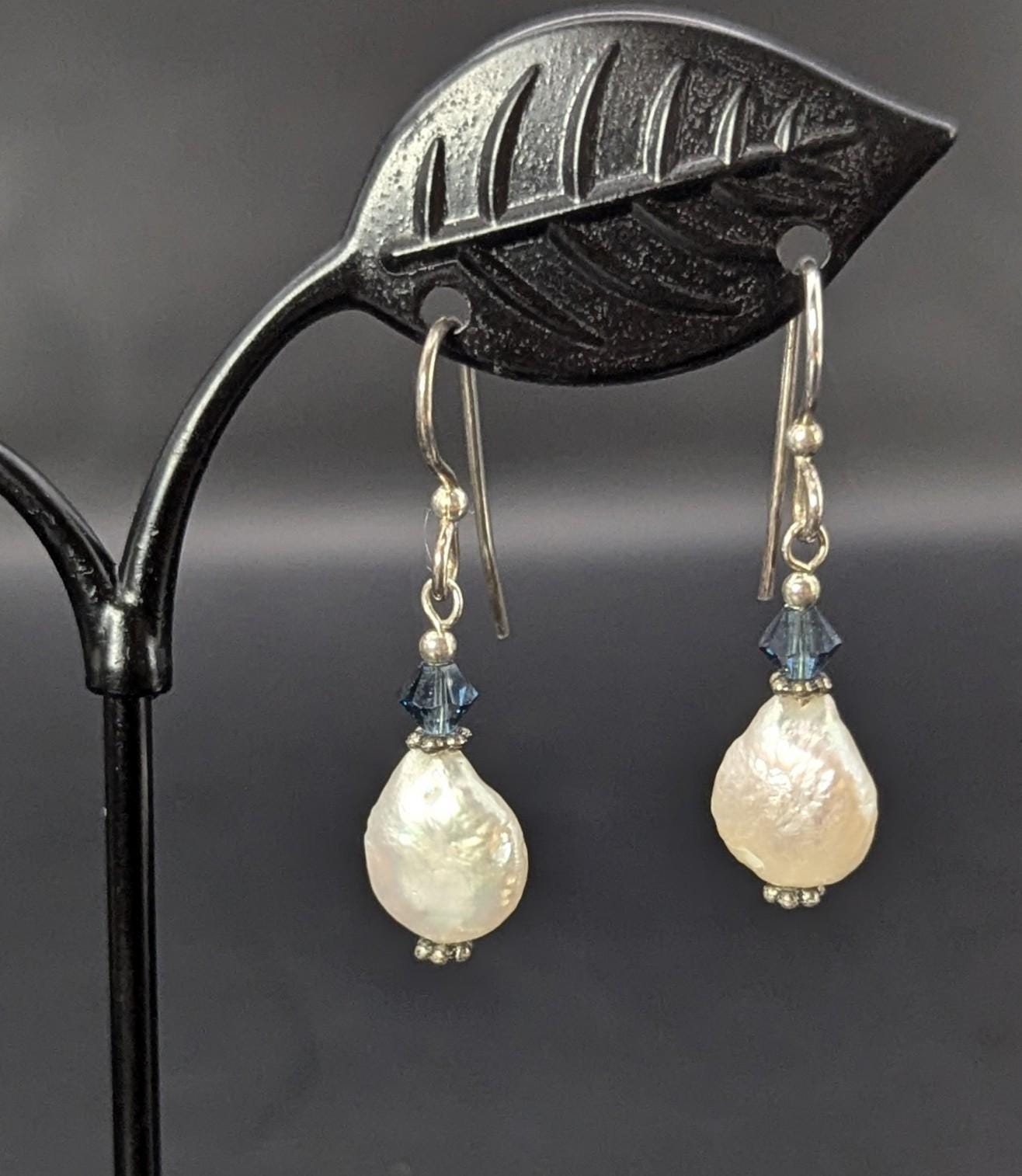 Sterling Silver and Coin Pearl Earrings with Blue Crystal Accents