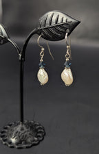 Sterling Silver and Coin Pearl Earrings with Blue Crystal Accents