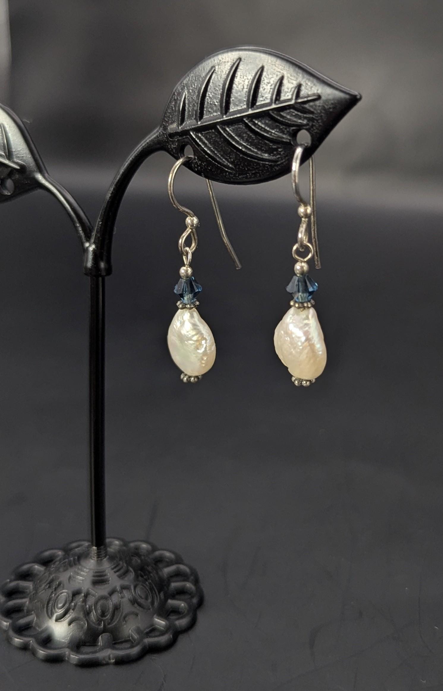 Sterling Silver and Coin Pearl Earrings with Blue Crystal Accents
