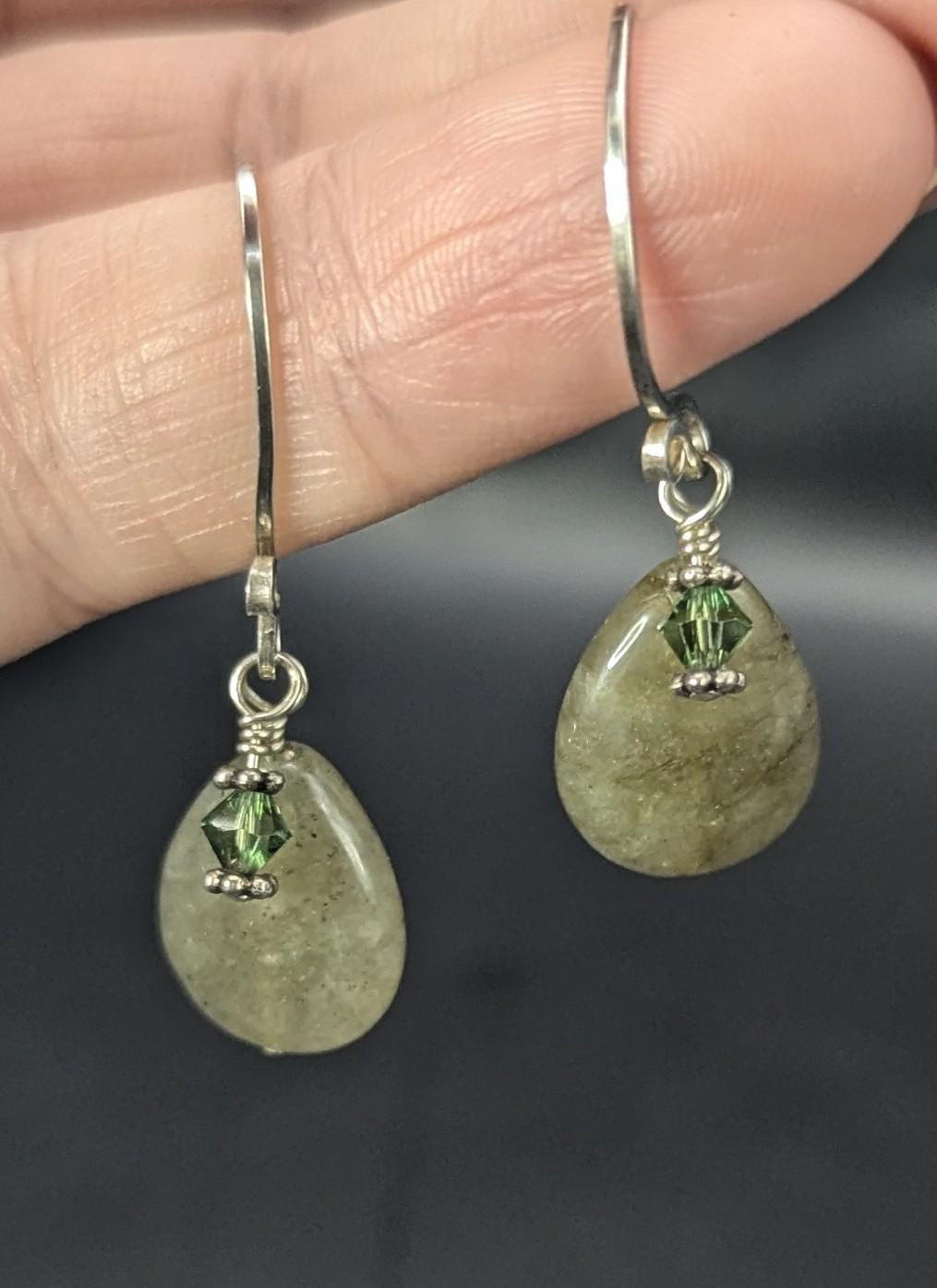 Sterling Green Quartz Dangle Earrings with Green Crystal Accents