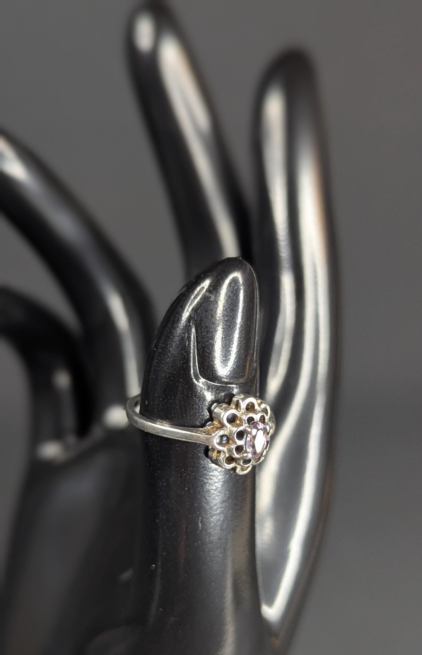 Vintage Sterling Silver and Oval Amethyst Ring, Floral Design Size 6.5
