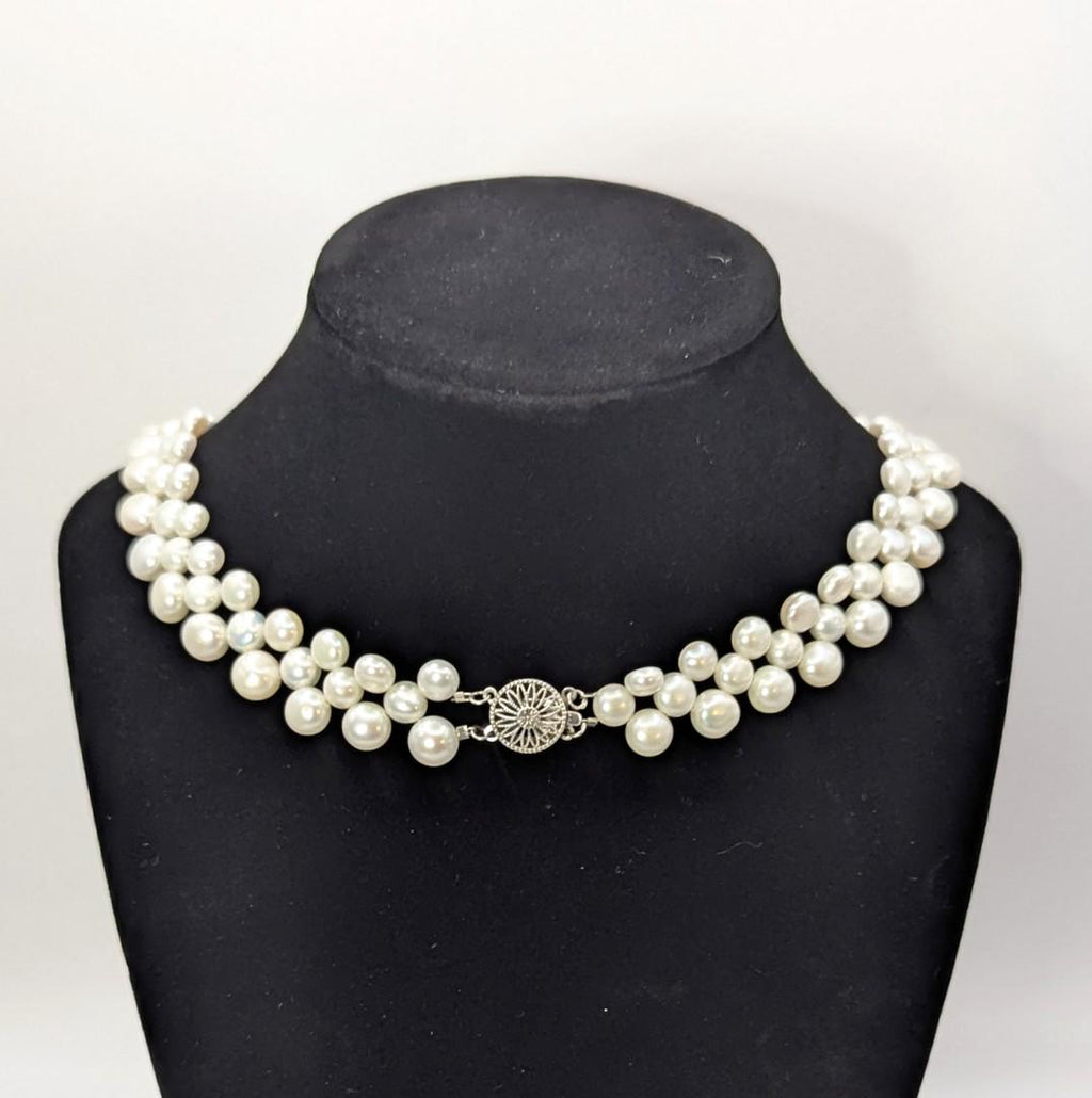 Vintage Triple Strand Button Pearl Collar Necklace 14K GF Clasp