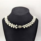 Vintage Triple Strand Button Pearl Collar Necklace 14K GF Clasp