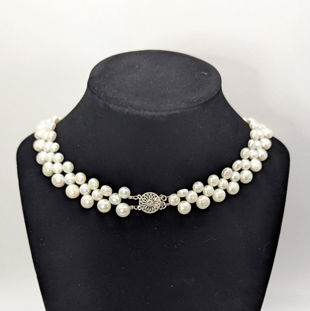 Vintage Triple Strand Button Pearl Collar Necklace 14K GF Clasp