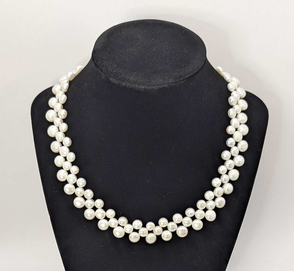 Vintage Triple Strand Button Pearl Collar Necklace 14K GF Clasp