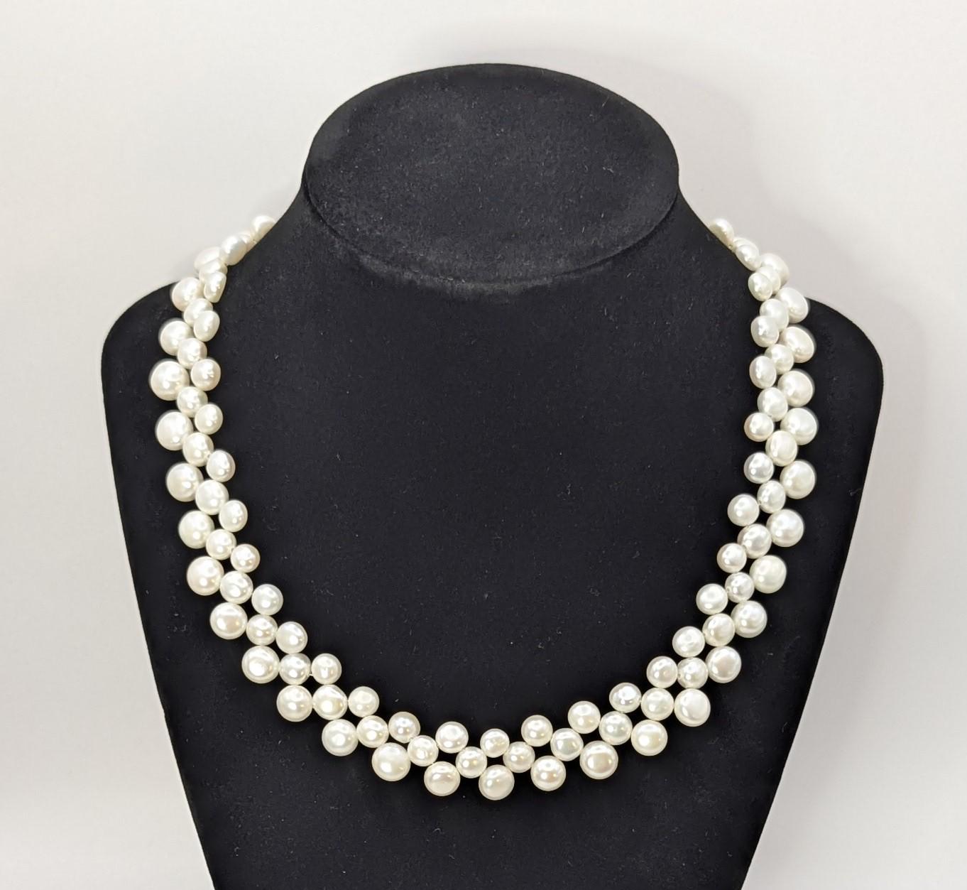 Vintage Triple Strand Button Pearl Collar Necklace 14K GF Clasp