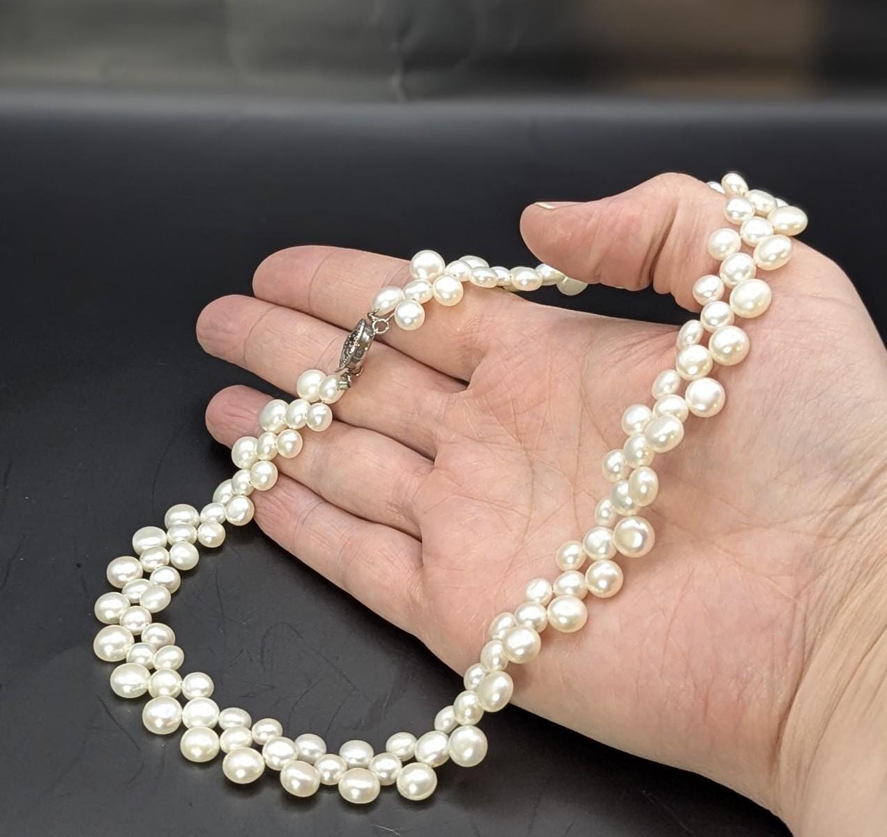 Vintage Triple Strand Button Pearl Collar Necklace 14K GF Clasp