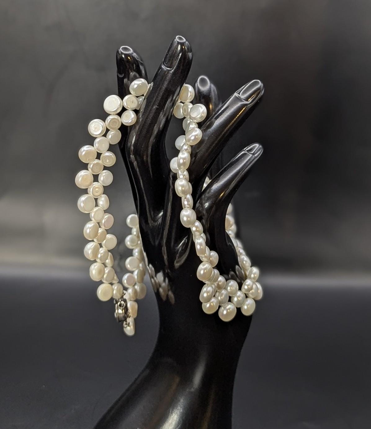 Vintage Triple Strand Button Pearl Collar Necklace 14K GF Clasp