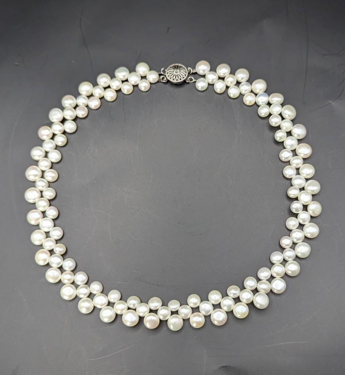 Vintage Triple Strand Button Pearl Collar Necklace 14K GF Clasp