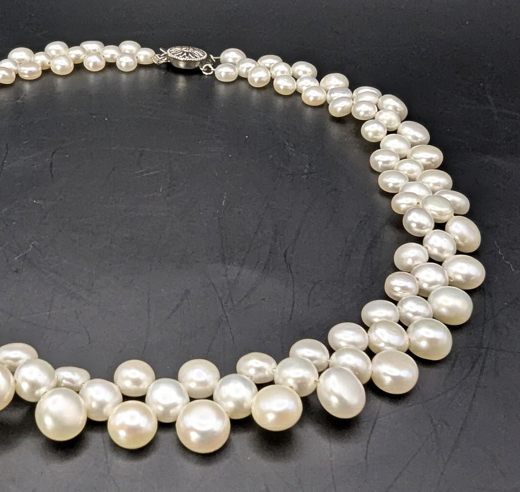Vintage Triple Strand Button Pearl Collar Necklace 14K GF Clasp