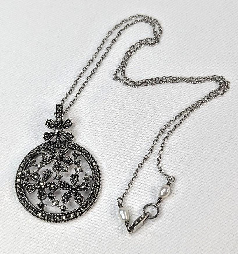 Vintage Sterling Silver Marcasite Floral Pendant Necklace with Pearl Clasp