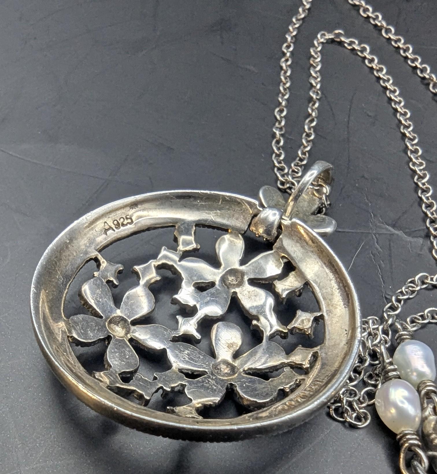Vintage Sterling Silver Marcasite Floral Pendant Necklace with Pearl Clasp