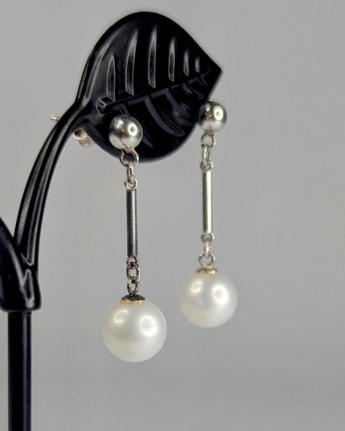 Vintage Sterling Silver and Saltwater Pearl Drop Post Back Earrings