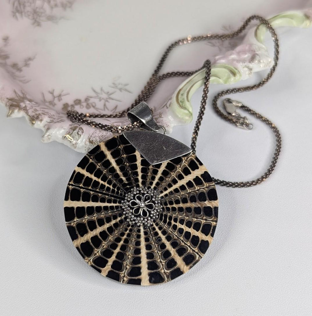 Vintage Nautilus Shell Pendant: Sterling Silver Details, 18" Rope Chain with platinum overlay